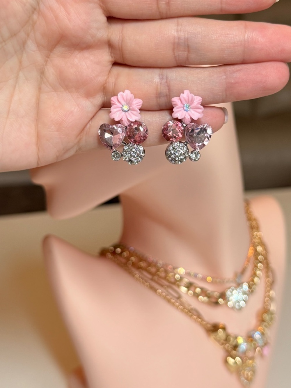 Pink Flower Cluster Crystal Stud Earrings - Picture 10 of 12